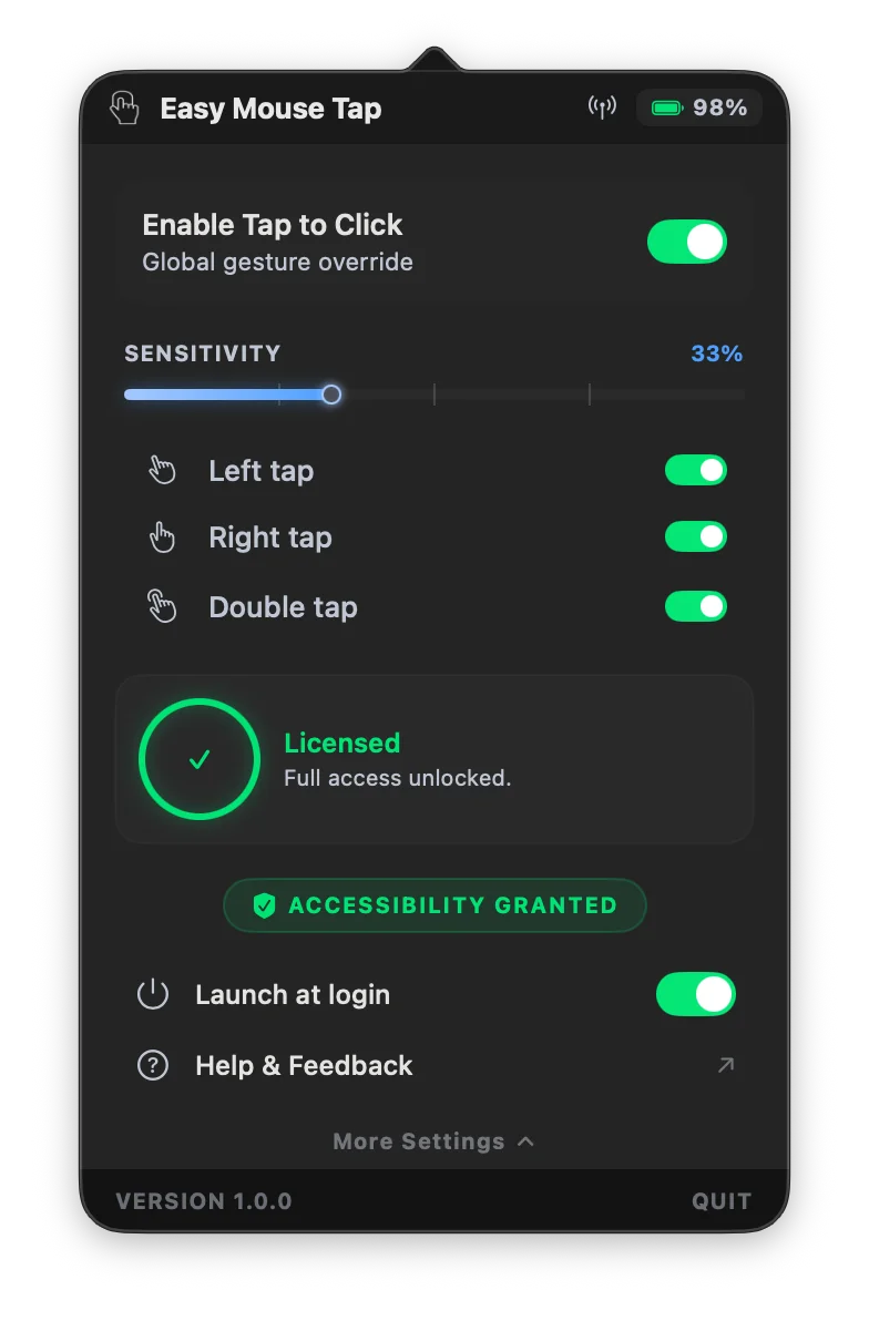 EasyMouseTap menu bar controls