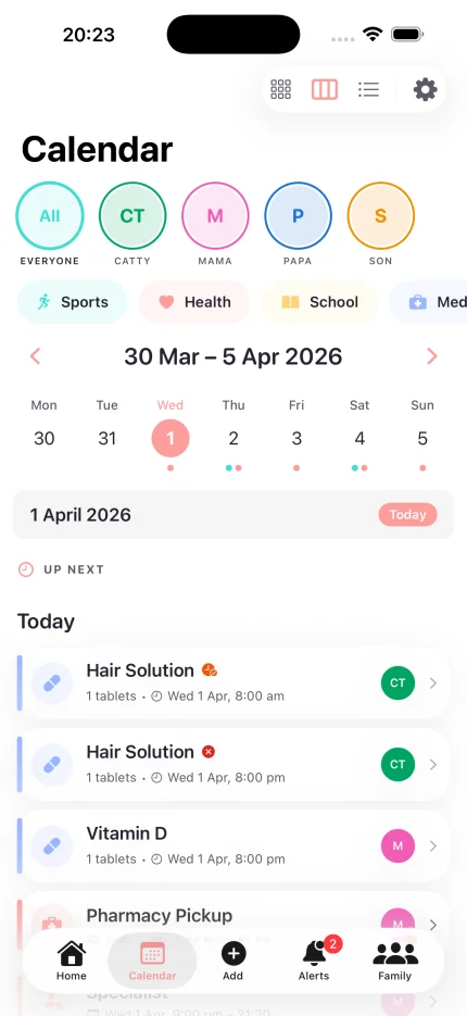 FamilyTempo week view with medicine reminders